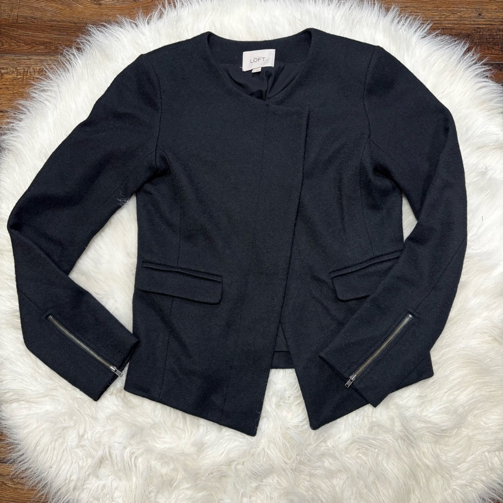 Loft Wool Blend Asymmetrical Black Blazer Jacket size 2